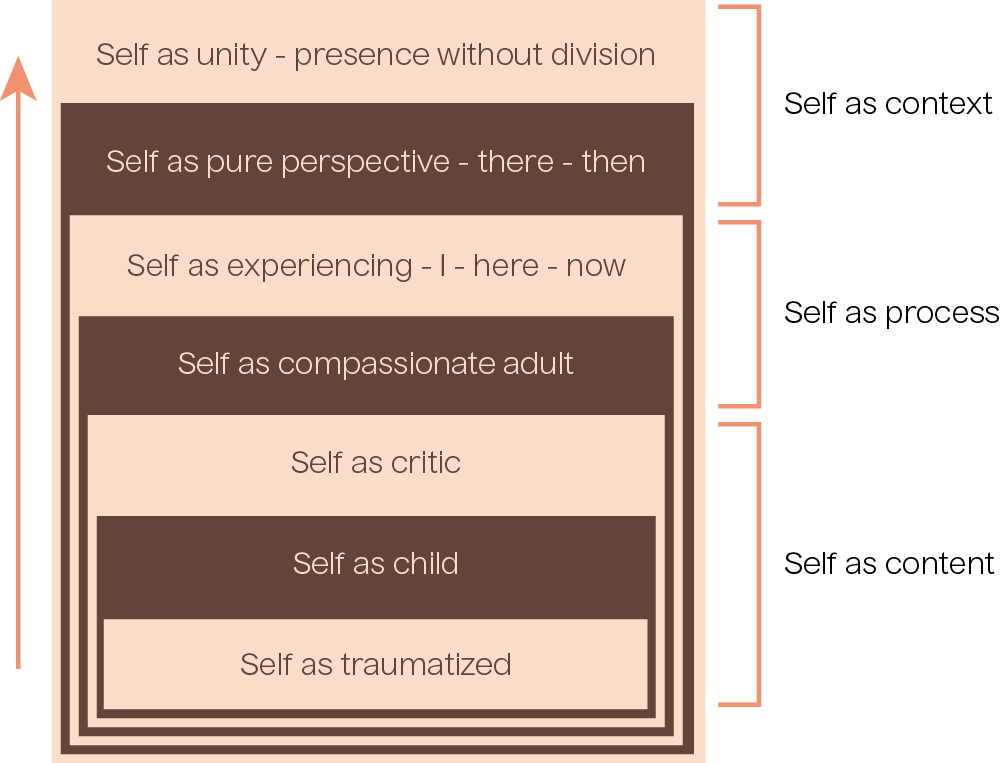 The most central part of self as content is self as traumatized, the outer layer of which is self as child, the outer layer of which is self as critic. Outside of these layers is the self as process within which is self as compassionate adult outside of which is self as experiencing I here now. The third grouping of layers is self as context which is self as pure perspective there then and the outer most layer is self as unity - presence without division.