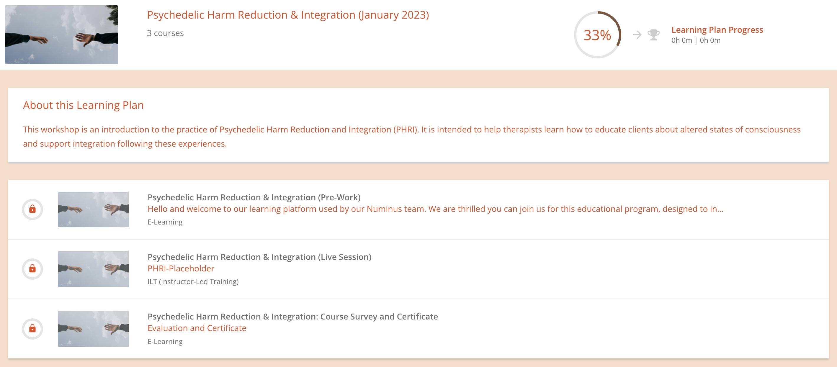 learning plan screenshot with multiple modules, one containing the term live session