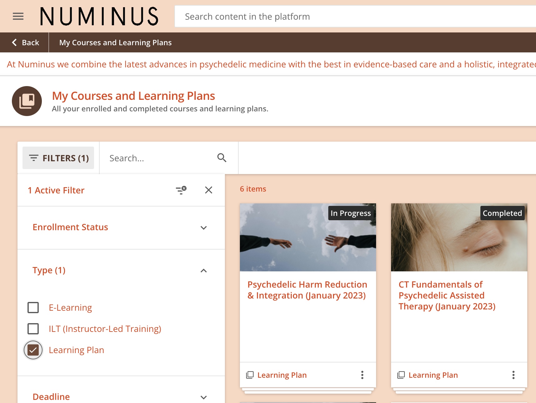 homepage showing only learning plan with the learning plan selected under the type filter.